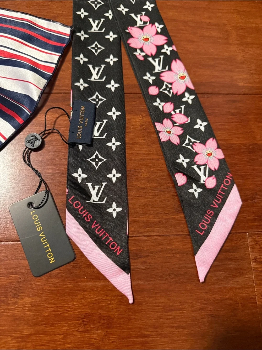 2 pc set Black & Pink Monogram Floral Bandeau and Striped Silk Scarf Set